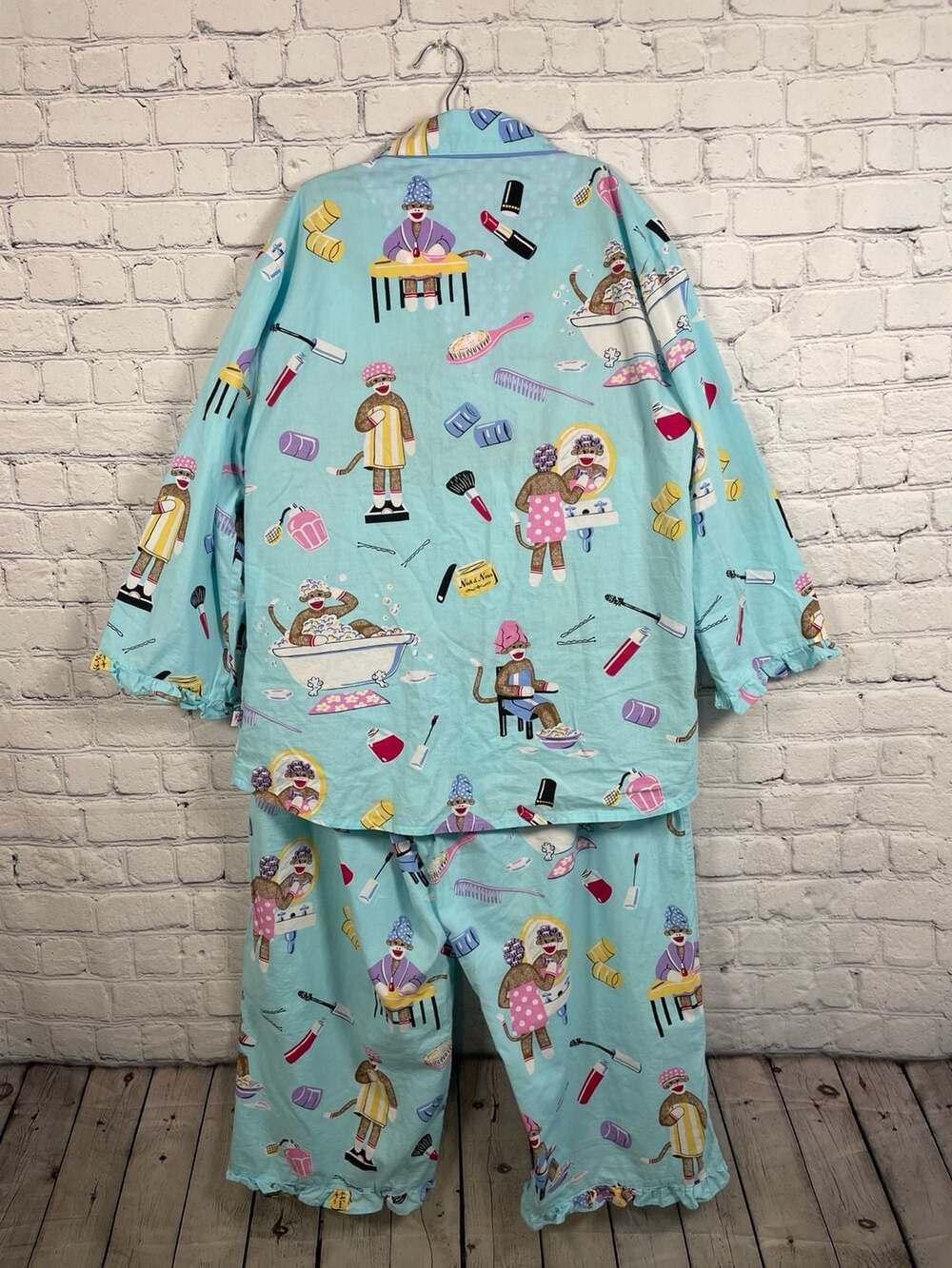 Nick & Nora Sock Monkey Spa Day 100% Cotton Pajama Set Size L - Picture 2 of 8
